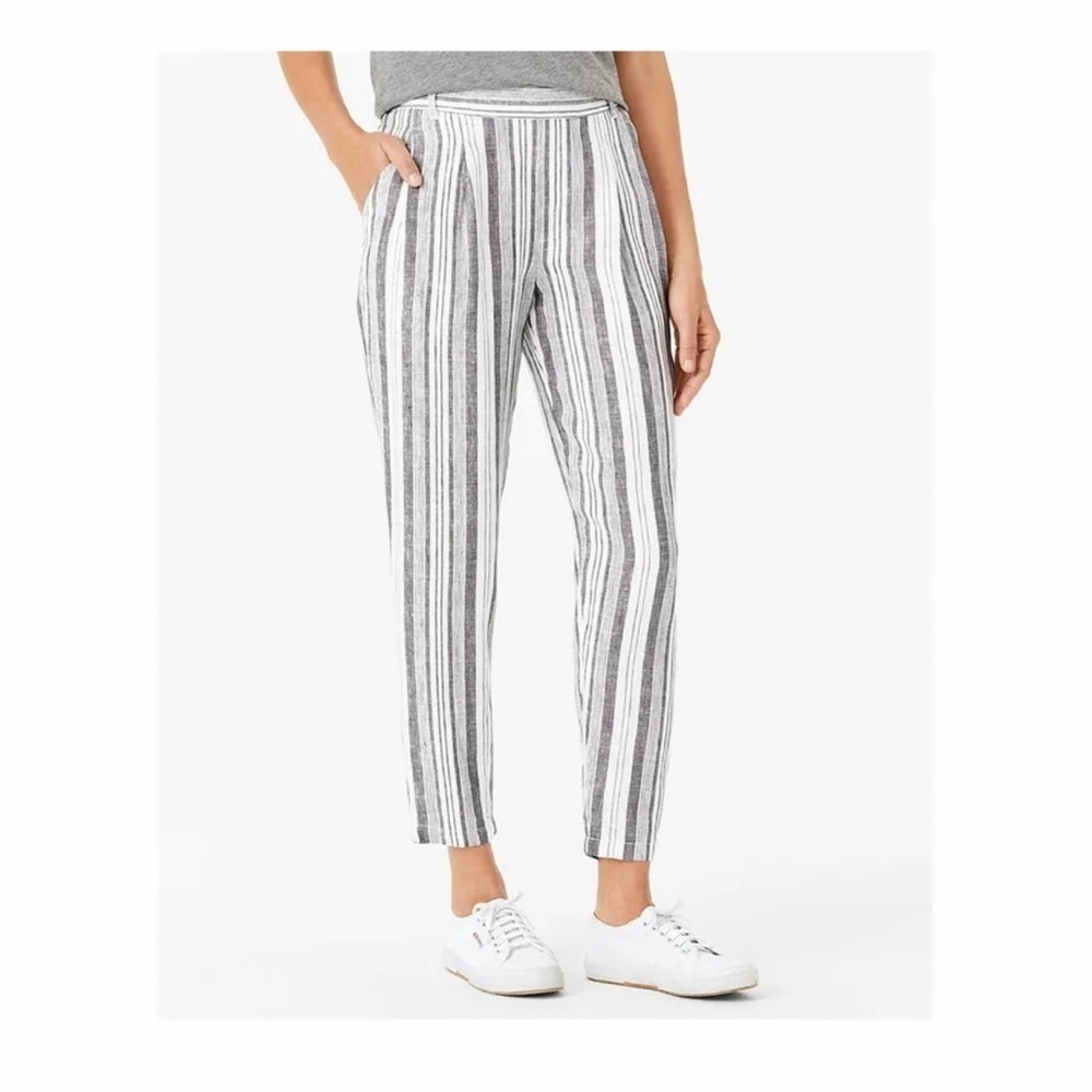 GARNET HILL Slim Linen Pleat-Detail High Rise Pants Trousers Grey Stripe